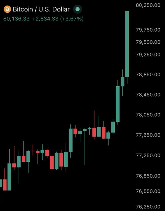 A candlestick chart showing Bitcoin/U.S. Dollar at $80,136.33, up +2,834.33 (+3.67%), with a sharp upward price spike visible on the right side.
