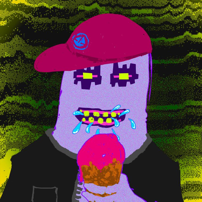 A pixelated/retro-style illustration of a purple character wearing a red cap, drooling while holding a pink ice cream cone against a glitchy green background.