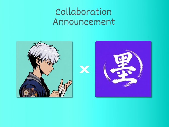 A "Collaboration Announcement" graphic on a teal background featuring an anime-style character with white hair and bandaged hands alongside the purple INK Network logo displaying the kanji "墨" (ink). The image promotes a partnership with @InkersonInk for a mint of 3,333 NFTs on the INK Network at a whitelist price of $2.69.