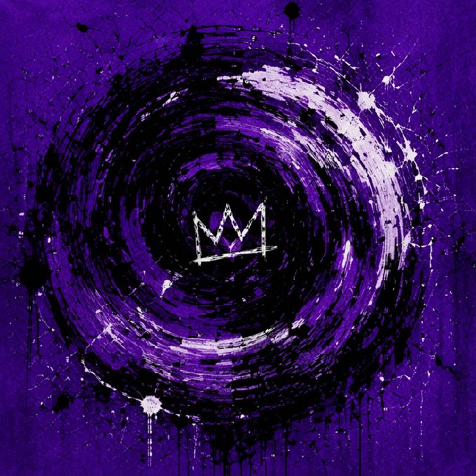 The image features a purple circle with white splatters, which appears to be a painting or an abstract art piece. The center of the circle has a crown symbol, possibly representing royalty or power. The caption below the image provides information about the artwork's source and its approval status on Archive Access.
