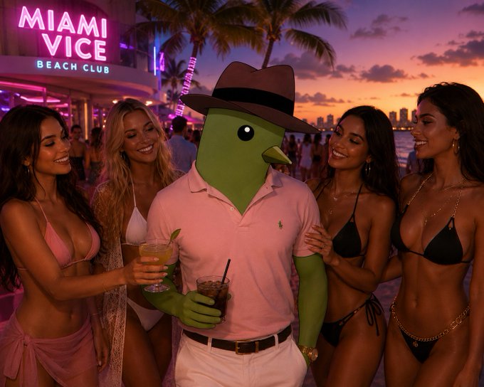 A green bird-like figure wearing a fedora and pink polo shirt holding drinks at the "MIAMI VICE BEACH CLUB," surrounded by four women in bikinis at sunset with the Miami skyline behind them.