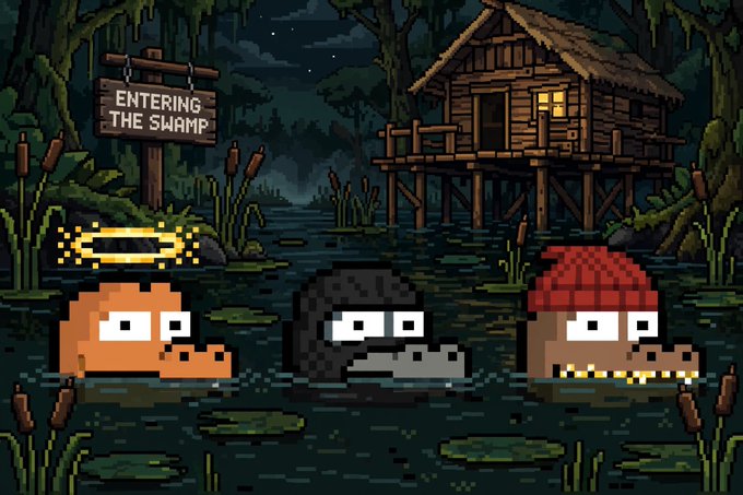 A pixel art scene titled 'ENTERING THE SWAMP' featuring three cartoon crocodiles wearing a halo, hood, and red beanie in swamp water near a wooden cabin.