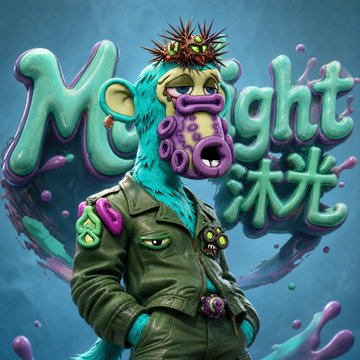 A colorful 3D-style digital illustration of a whimsical cyan and purple creature with a spiky crown, wearing an olive green jacket, set against a stylized "Midght" text background with Chinese characters.
