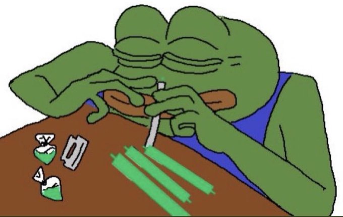 A green Pepe the Frog cartoon character is shown leaning over a brown table, carefully rolling lines of white powder with focused, squinted eyes and an intense expression. Small baggie icons are visible on the table, and the meme is used as a humorous depiction of "Gm eth enjoyers" obsessively preparing their morning Ethereum ritual.