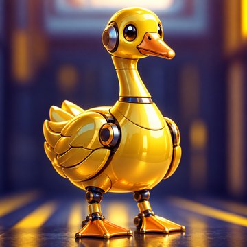 A glossy yellow robotic duck figurine with mechanical joints and a metallic beak stands against a softly lit interior background.