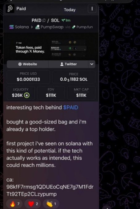 A screenshot showing cryptocurrency information for the token "PAID" on the Solana blockchain via PumpSwap/Pump.fun, displaying a price of $0.0001133 USD, 0.0₅1182 SOL, $26K liquidity, $111K FDV, and $111K market cap, along with comments about its potential and a contract address.