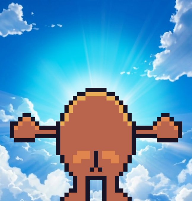 The image shows a pixelated figure with outstretched arms, backlit by bright rays of sunlight against a blue sky with clouds, evoking a triumphant or heroic pose. Combined with the message "Believe in something," the imagery suggests a rallying call to stand firm in one's convictions and embrace faith with unwavering confidence.