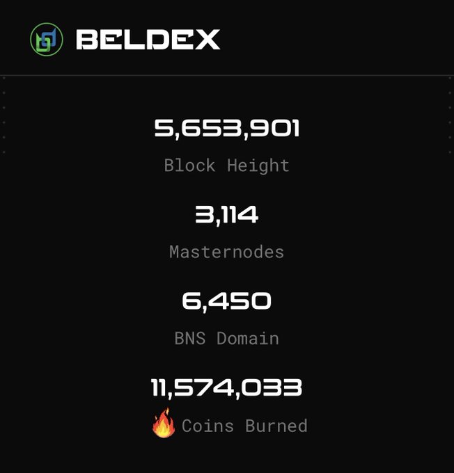 A stats panel for 'BELDEX' showing: '5,653,901 Block Height', '3,114 Masternodes', '6,450 BNS Domain', and '11,574,033 🔥 Coins Burned'.