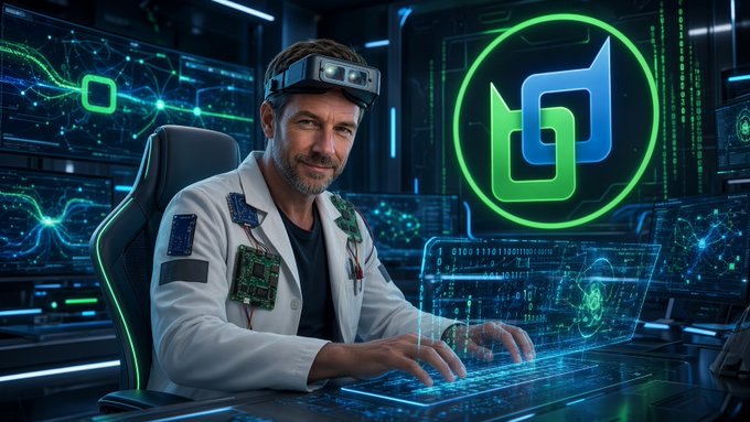 A futuristic technician in a lab coat with circuit board accents wears a head-mounted display while typing on a glowing holographic interface, with a green and blue "Bd" Beldex logo prominently featured beside him, visually representing the advanced privacy-focused browsing technology described in the post.