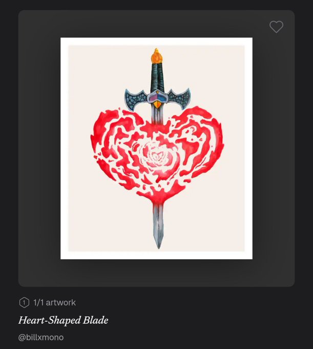A digital illustration titled 'Heart-Shaped Blade' by @billxmono, depicting a stylized sword pierced through a blooming red heart-shaped flower.