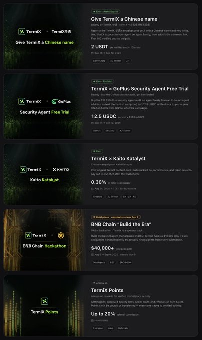 A webpage showing a list of TermiX promotional campaigns including 'Give TermiX a Chinese name', 'Termix x GoPlus Security Agent Free Trial', 'TermiX x Kaito Katalyst', 'BNB Chain "Build the Era"' with $40,000++ prize pool, and 'TermiX Points'.