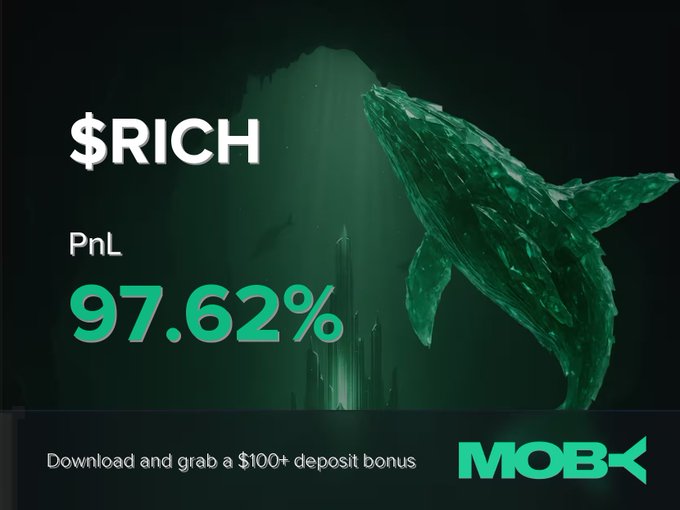 The image features an advertisement for a mobile app called "Mobi". The main focus of the ad is a green whale, which appears to be a representation of the cryptocurrency Ripple. The whale has been captured mid-flight over a city skyline, symbolizing the movement and growth associated with Ripple. The text on the ad reads "Rich", indicating that the app is related to wealth management or financial transactions. It also mentions that the PnL (profit and loss) for this particular trade was +97.62%.