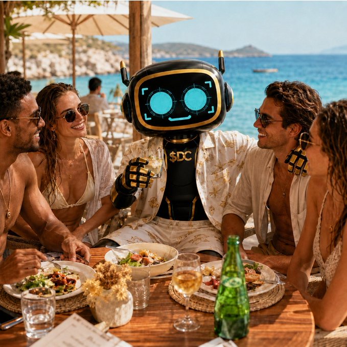 A person in a gold and black robot costume with glowing blue eyes sits at a beachside dining table with friends, with "SDC" visible on the robot's chest.