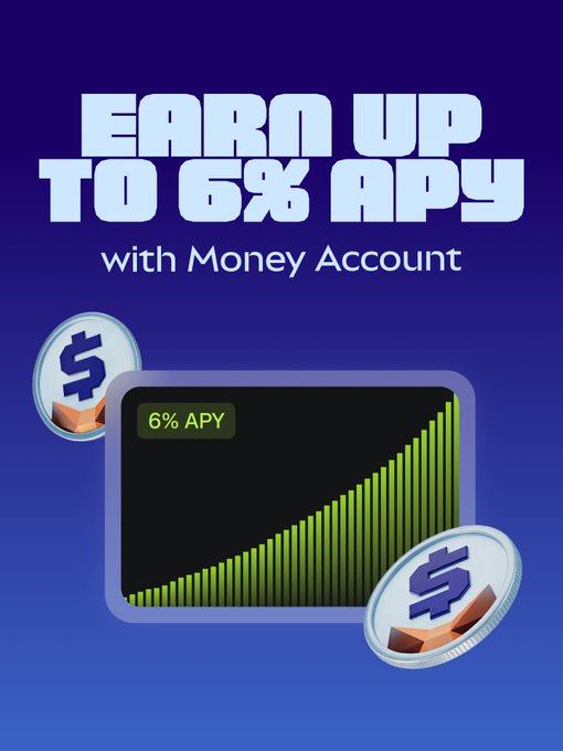 Promotional graphic advertising "Earn up to 6% APY with Money Account," featuring stylized dollar coins and a tablet displaying a rising green bar graph labeled "6% APY," directly illustrating MetaMask's Money Account yield offer.
