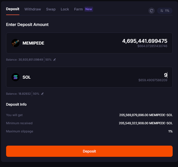 The image shows a "Deposit" interface with the "Farm" tab selected, displaying a transaction to deposit 9 SOL in exchange for 4,695,441.6997475 MEMIPEDE tokens (valued at $66,617,089,143,079) into a liquidity pool, with a minimum received of 205,549,879,896.00 MEMIPEDE-SOL and 1% maximum slippage. This visualizes the user's action of adding liquidity to the $Memipede pool, supporting their claim of building toward a $12k locked position at a $140k market cap.