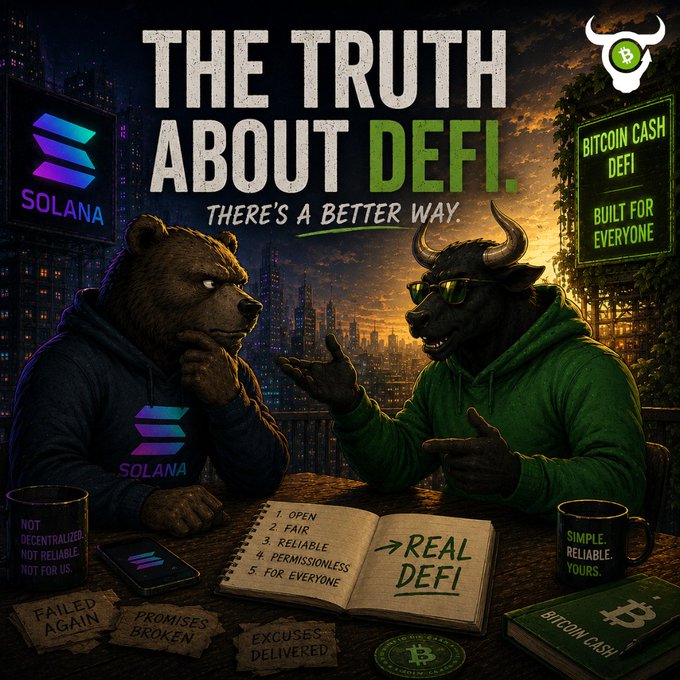 A promotional graphic titled 'THE TRUTH ABOUT DEFI - THERE'S A BETTER WAY' depicting a bear and a bull in hoodies discussing real DeFi versus Solana, with Bitcoin Cash DeFi branding ('BUILT FOR EVERYONE', 'SIMPLE. RELIABLE. YOURS.').