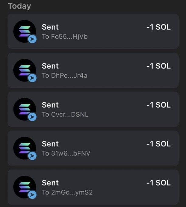 A screenshot of a cryptocurrency wallet transaction history showing multiple 'Sent' transactions of -1 SOL to various addresses on the Solana blockchain.