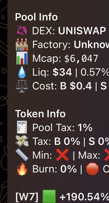 The image displays cryptocurrency pool information for a Uniswap DEX token with a market cap of just $6,047 and extremely low liquidity of $34 (0.57%), suggesting this is a highly speculative or potentially scam token. The "Another 🫩" caption (a face holding back tears emoji) reflects the likely disappointment of discovering this is yet another low-quality, illiquid token after investing.