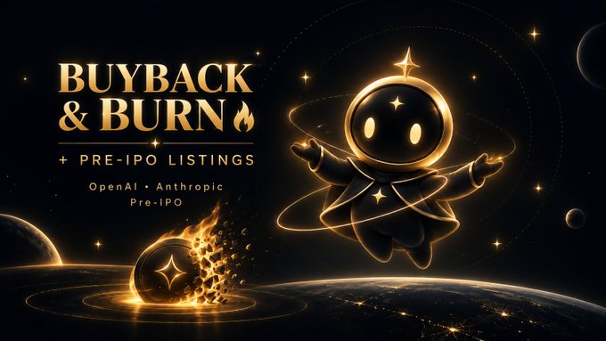 A promotional banner reading 'BUYBACK & BURN + PRE-IPO LISTINGS OpenAI • Anthropic Pre-IPO' featuring a cute glowing astronaut character and a burning coin in a cosmic setting.