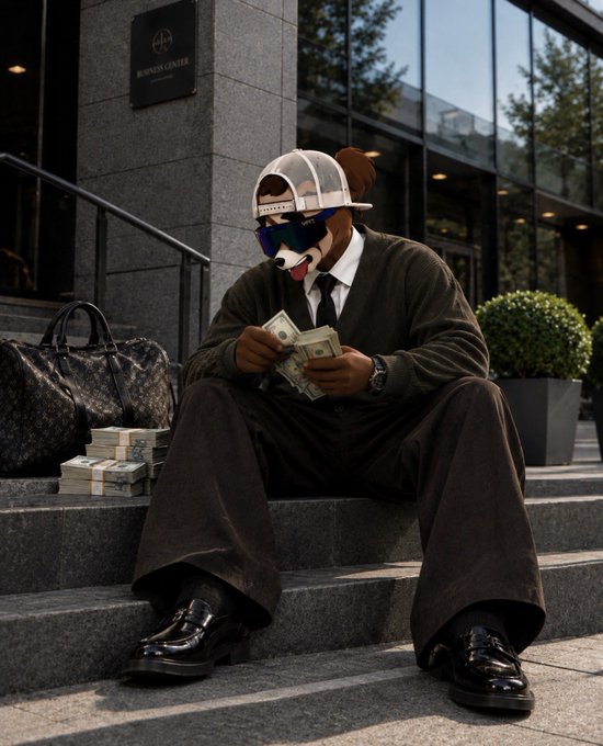 A person wearing a mask and cap sits on the steps of a 'Business Center' counting stacks of money, with a Louis Vuitton bag and additional cash bundles beside them.