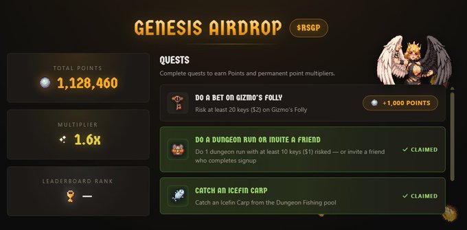 A screenshot of a 'GENESIS AIRDROP' ($RSGP) quest page showing Total Points of 1,128,460, a 1.6x multiplier, and quests like 'DO A BET ON GIZMO'S FOLLY' worth +1,000 points, with two already marked as CLAIMED.