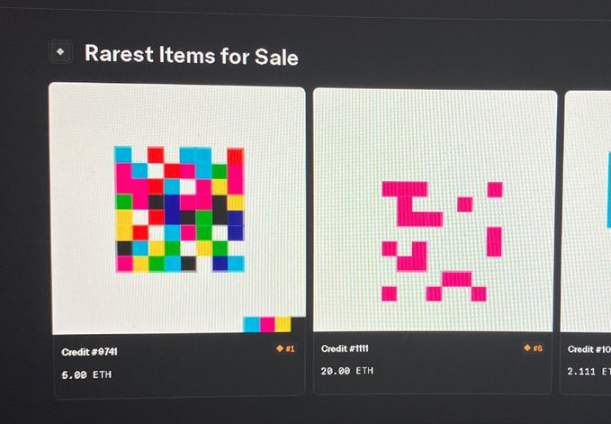 A screenshot of OpenSea's "Rarest Items for Sale" section displays CryptoPunks, including Credit #074 priced at 5.00 ETH and Credit #1111 at 20.00 ETH, illustrating the volatile NFT market rankings referenced in the post about OpenSea's position fluctuating from rank 8 to rank 13 to rank 20,000+ in a single day.