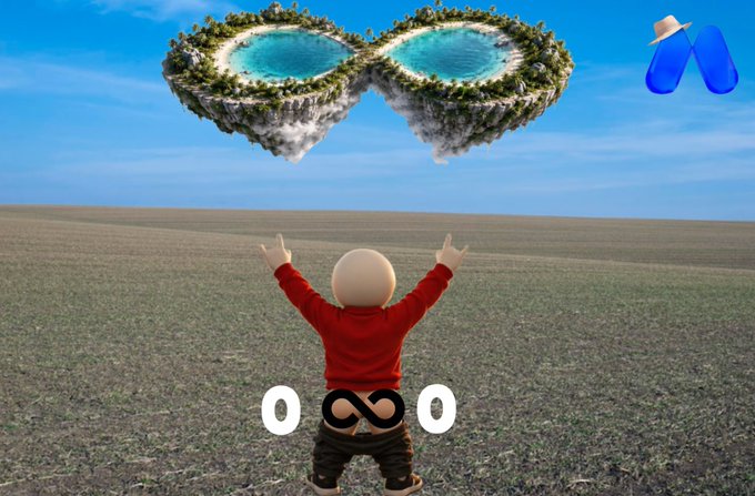 A figure wearing a red hoodie stands in an open field, arms raised toward a floating infinity-shaped island with twin lakes, while a graphic displays "0 ∞ 0" symbolizing zero fees alongside a logo. The image visually reinforces the post's message about MEXC's promotion of zero-fee trading on stock futures and tokenized stocks, with the infinity symbol representing limitless, cost-free access.