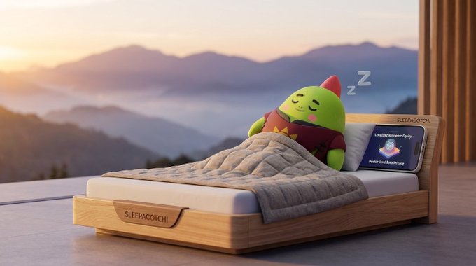 A green cartoon character sleeps peacefully in a wooden 'SLEEPAGOTCHI' bed with a blanket, set against a mountain landscape with a tablet displaying 'Limited Edition's Reply' and 'Perfect your Sleep Privacy.'