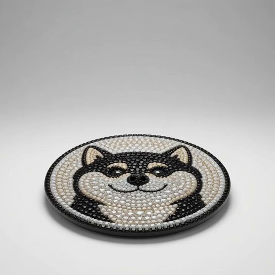 The image features a black and white dog face, which appears to be made of small beads or stones. The dog's eyes are closed, giving it an endearing appearance. The background of the image is plain white, allowing the dog face to stand out prominently. There is no text present in the image, but there is a caption that reads "Bullish #retirewithmanyu @RealManyu". This caption seems unrelated to the main subject of the image and could be an additional detail or comment about the dog face.