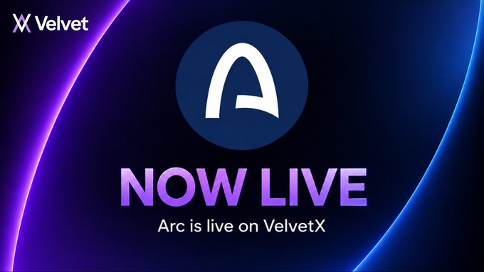 A promotional graphic with 'iX Velvet' logo in the corner, featuring a stylized 'A' logo and text reading 'NOW LIVE - Arc is live on VelvetX' against a purple and blue gradient background.
