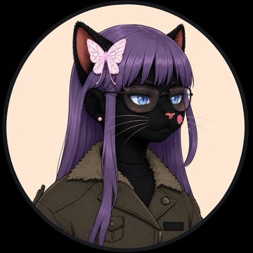 An anime-style illustration of a cat-girl character with long purple hair, blue eyes, dark glasses, and a pink butterfly hair clip, wearing a green jacket with a fur-lined collar.