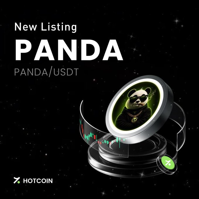 A promotional graphic for a new cryptocurrency listing reading 'New Listing PANDA PANDA/USDT' on the HOTCOIN exchange, featuring a panda wearing sunglasses.