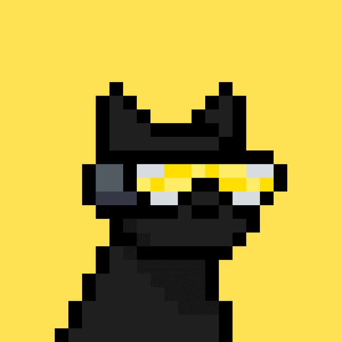 A pixel art character resembling Batman wearing yellow visor glasses against a yellow background.