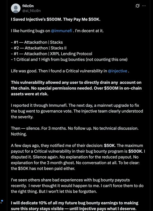 A Twitter/X thread by f4lc0n detailing how they saved Injective's $500M but were only offered $50K by the bug bounty program, which has not been paid.