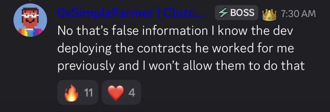 A Discord message from user "0xSimpleFarmer | Clute..." with a BOSS role at 7:30 AM states "No that's false information I know the dev deploying the contracts he worked for me previously and I won't allow them to do that," receiving 11 fire and 4 heart reactions, which appears to be a direct rebuttal to the rumors mentioned in the accompanying post about individuals claiming early access to the $CLOCKIN token contract address in $STONKBROKER ecosystem Telegram groups.