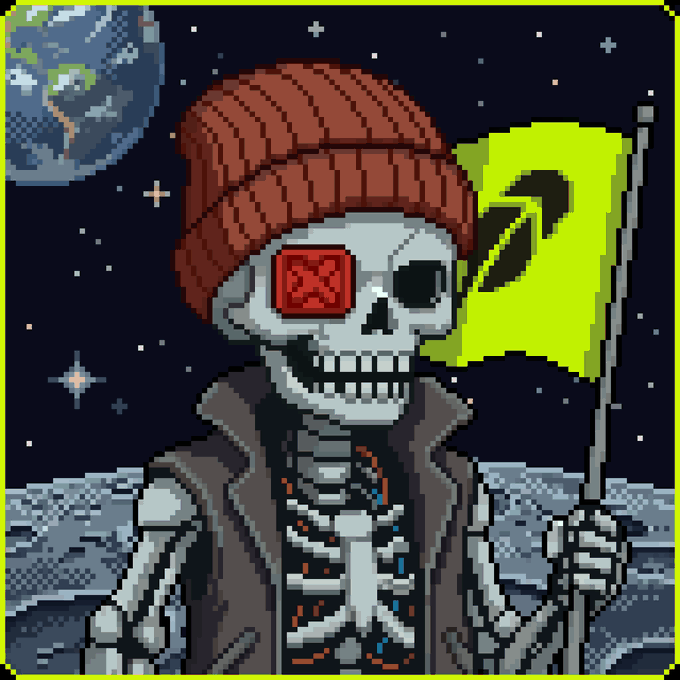 Pixel art of a skeleton wearing a red beanie with a red symbol over one eye, holding a yellow flag against a space backdrop with Earth visible.