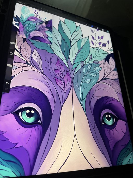 A tablet screen displays a stylized digital painting of a creature with purple plumage, green leaves, and large teal eyes.