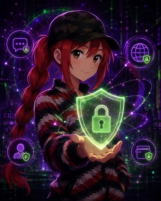 An anime-style illustration of a red-haired girl in a camo jacket and cap holding a glowing green shield with a lock symbol, surrounded by floating digital security icons.
