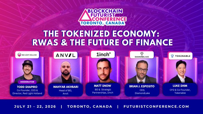 Blockchain Futurist Conference Toronto, Canada (July 21-22, 2026) panel announcement: 'The Tokenized Economy: RWAs & The Future of Finance' featuring speakers from Red Light Holland, Anvil, 1inch, Diamond Lake, and Tokenable.