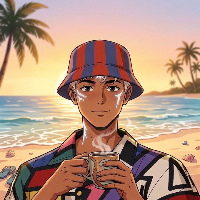 An anime-style illustration shows a young man with white hair and tribal face paint wearing a striped bucket hat and colorful geometric shirt, holding a steaming mug against a sunset beach backdrop with palm trees.