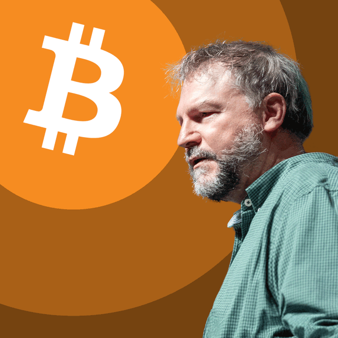 The image shows a profile of Nick Szabo against a large Bitcoin logo, visually supporting the quote about Bitcoin's self-security.