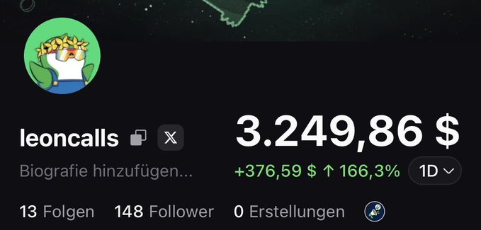 A social media profile screen for user 'leoncalls' featuring a green character avatar with french fries, showing statistics: 13 followers ('Folgen'), 148 following ('Follower'), 0 posts ('Erstellungen'), and a value of '3.249,86 $' with a daily increase of '+376,59 $ ↑ 166,3%'.