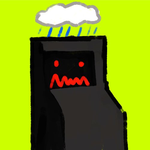 A black arcade-style cabinet character with glowing red eyes and a jagged red mouth frowns unhappily beneath a small raincloud on a bright green background. The drawing fits the "RH MACHINES" theme from the Robinhood NFT collection giveaway, with the character's gloomy weather reflecting the requested machine designs from the community.