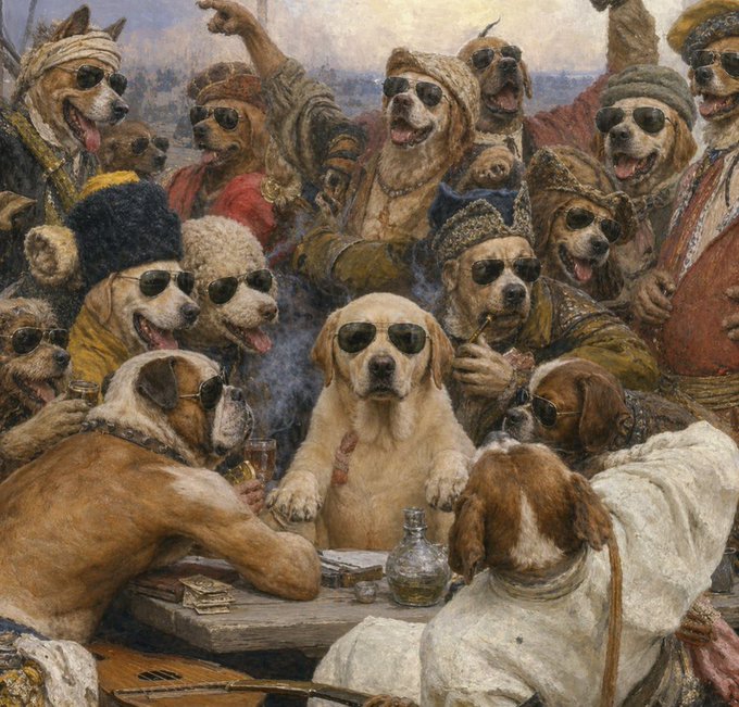 The image features a group of dogs wearing sunglasses and posing for a picture with their owners at an outdoor table. There are several dogs sitting or standing around the table, some of them wearing sunglasses as well. The scene appears to be set up for a photo session, possibly for a social media post or event. The dogs seem to be enjoying themselves, and it is clear that they are part of a community that values their presence in such gatherings.