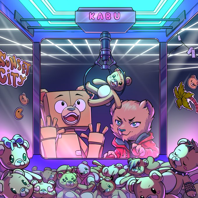 Colorful KABU-themed illustration showing cartoon animal characters in a claw-machine setting, with “KABU” on the top sign and “Sunset City” on the left.