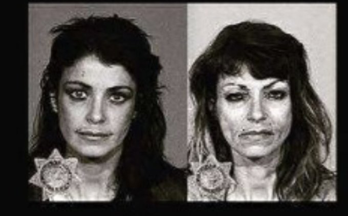 A side-by-side black-and-white mugshot comparison showing two women, likely the same person at different times, both with badge numbers visible.