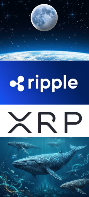 A vertical promotional graphic displays the moon and Earth above 'ripple' and 'XRP' logos, with underwater whales below, one marked with the XRP symbol.