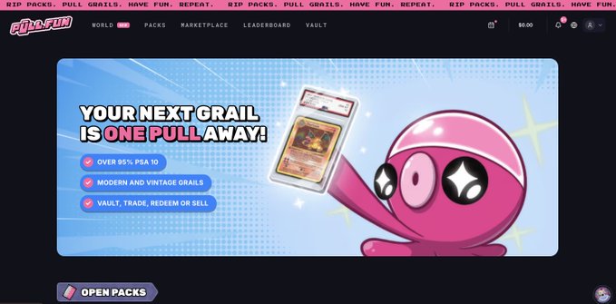 A website screenshot for "Rip Pack" with the headline "YOUR NEXT GRAIL IS ONE PULL AWAY!" featuring features like "OVER 95% PSA 10" and "MODERN AND VINTAGE GRAILS."