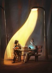 A digital painting depicts two figures sitting on a bench in a dimly lit archway, illuminated by a single beam of warm yellow light shining down from above.