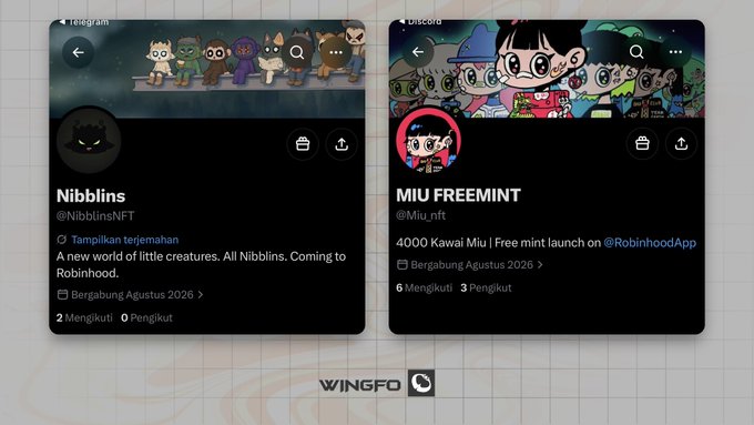 The image shows two Twitter profile cards featuring NFT collections: **Nibblins** (@NibblinsNFT) with a launch planned for August 2026 on Robinhood, and **MIU FREEMINT** (@Miu_nft) offering 4,000 Kawai Miu as a free mint on the Robinhood App, matching the post's highlights of these two early NFT drops.